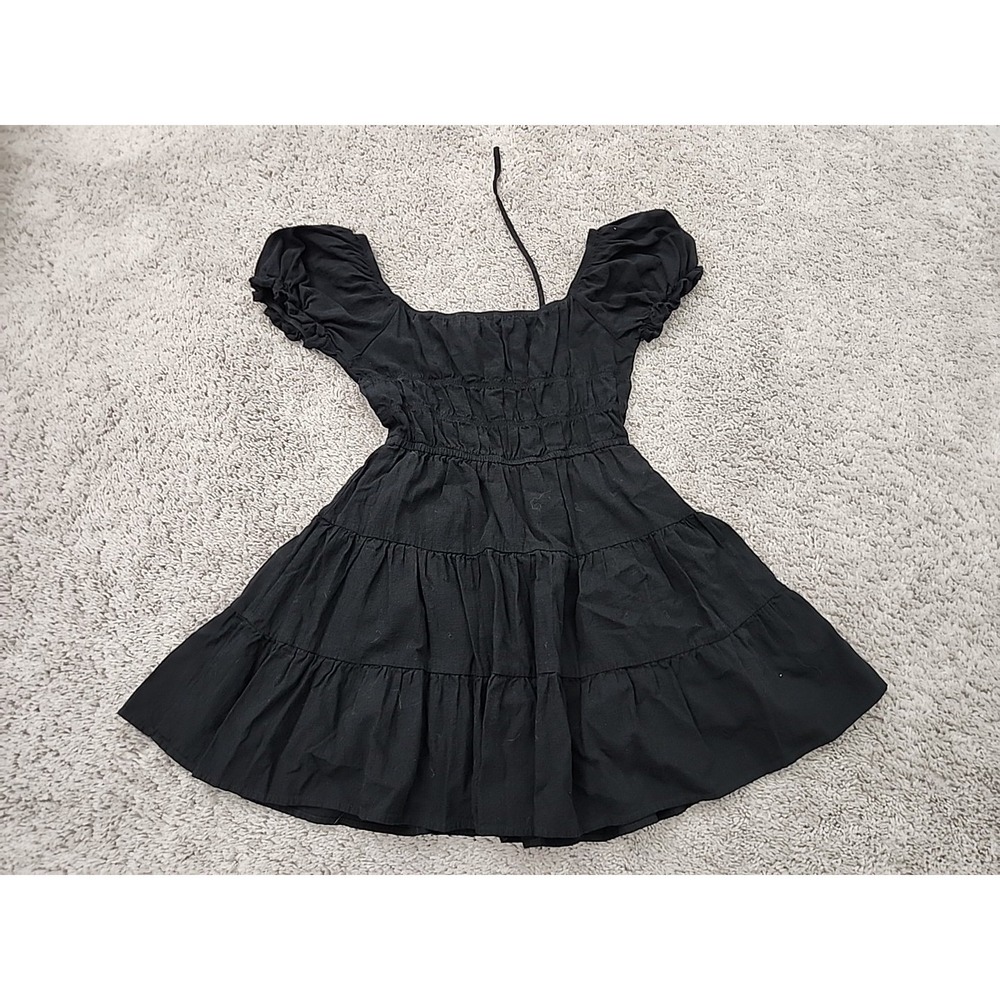 SHEIN Mini Dress Womens S Black Puff Sleeve Smocked Tiered Cotton JIT6635457